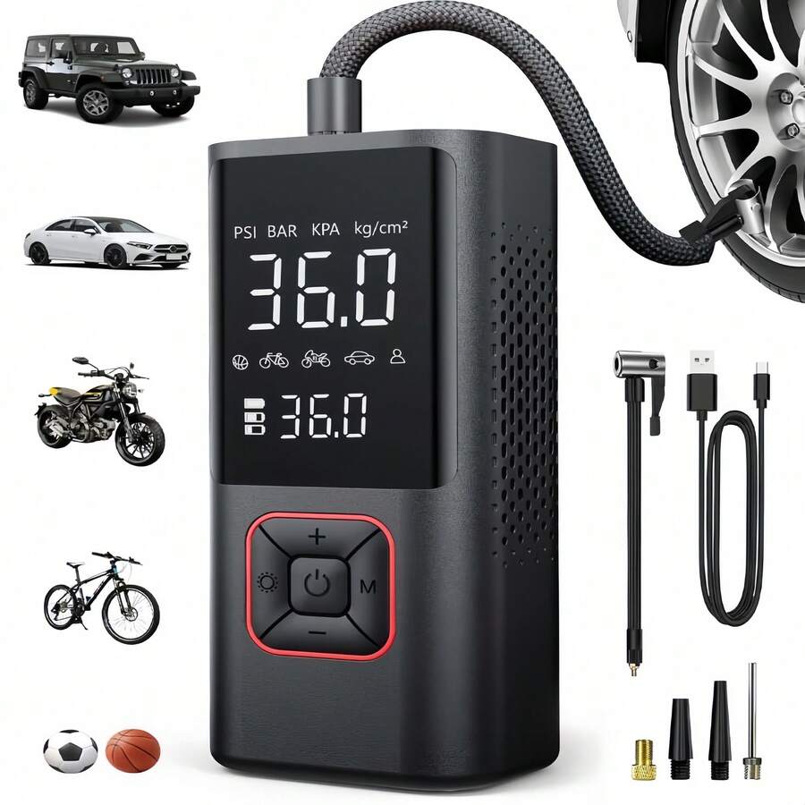 Tire Inflator Portable Air Compressor Cordless Bike Pump With Digital Dual Values Display, 150 PSI Car Tires Air Pump With LED Lights&Pressure Gauge For Auto, Motorcycles, Bikes, Balls - Black - View 1