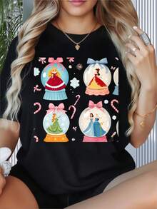 Disney Princess Snow Globe Christmas T Shirt Women Casual Holiday Graphic Tee With Ariel Belle  And Aurora Design For Winter Festive WearWomen's T-Shirt With Round Neck And Short Sleeves, Disney Theme Fun Printing, Suitable For Christmas Partysports Activitiesholiday PartiesoutingsNew Year Gift Sports And Other Holiday Gifts (220g). - 白色 - 查看 1