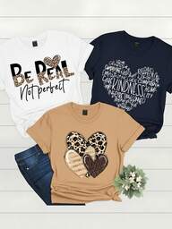 Playera casual para mujer, estampado de corazones con diseño de leopardo y letras, tela suave, corte holgado, cuello redondo, manga corta, verano, diaria