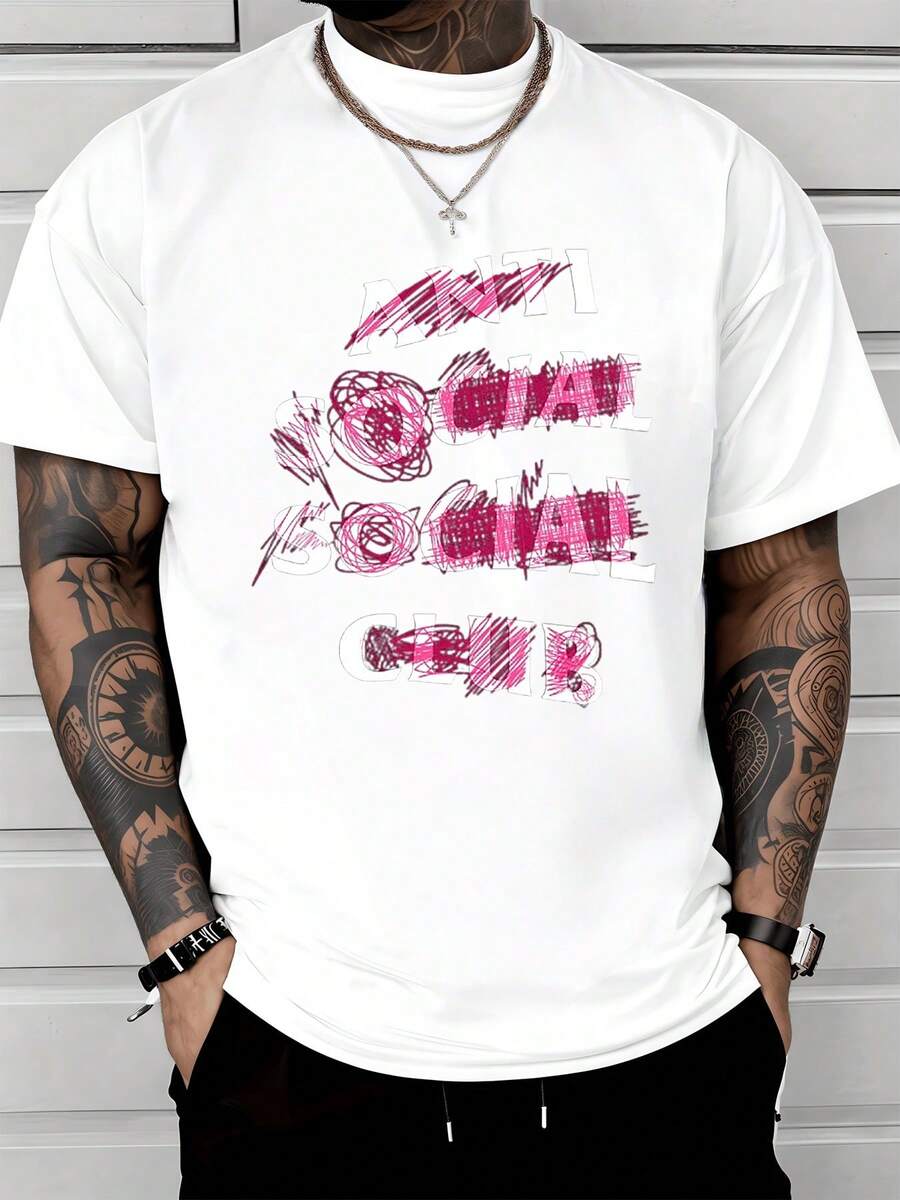 Bold Anti Social Club Text With Pink Scribble Graphic Symbolizing Rebellion And Individualism 100% Cotton Men's Casual Streetwear Tshirt - 白色 - 查看 1
