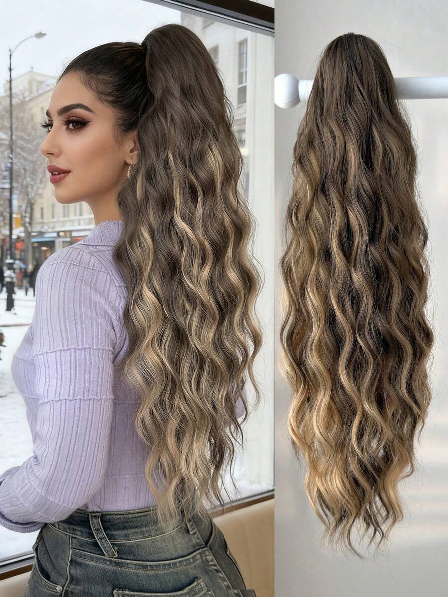 24 Inch Deep Brown Water Wave Curly Ponytail Hair Extension, Soft & Natural Looking, Suitable For Women