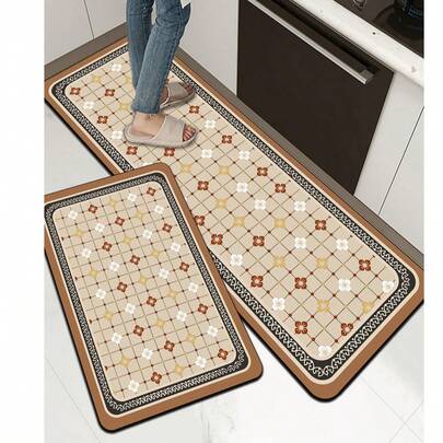 1 件装软橡胶厨房地垫，3.5 毫米厚厨房地毯，传统复古装饰风格吸水厨房地垫地毯，可自行裁剪以适应厨房尺寸，表面织物材质，中间海绵层，底部橡胶层，适用于厨房地毯、厨房装饰、婚礼装饰、家居装饰、浴室地垫、玄关地垫、洗衣房地垫、走廊地毯、客厅地垫等。