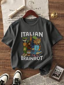 3pcs Boys' Casual Printed Crew Neck Short Sleeve T-Shirts, Summer Student Youth Clothing - T-Shirts With Shan Hai Jing Character Prints Bring Joy And Happiness To Every Child! ITALIAN BRAINROT