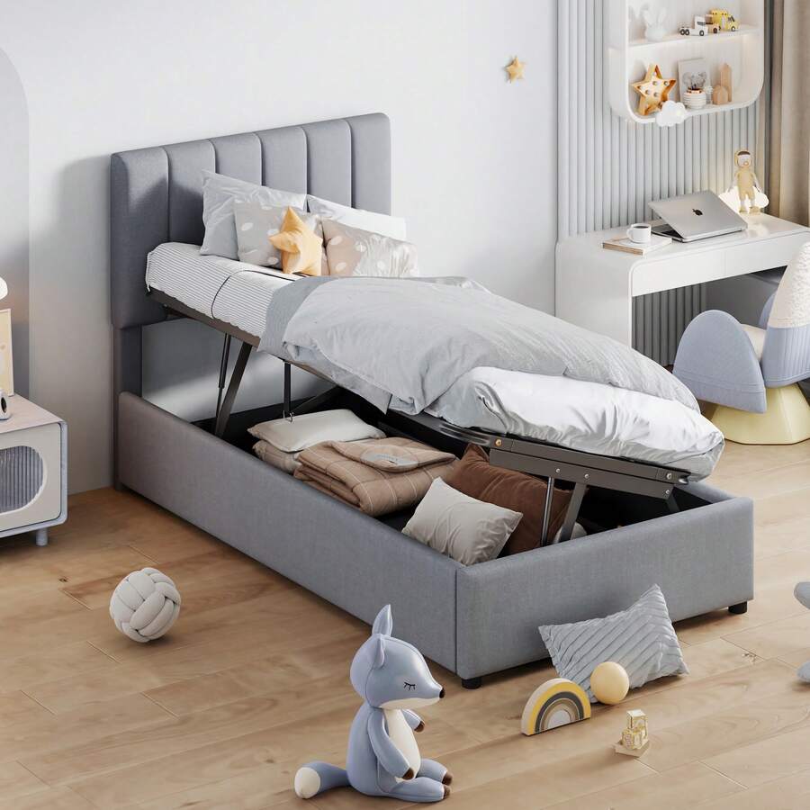 Upholstered Children's Bed 90x200 Cm, Hydraulic Storage Bed, Soft Linen Loft Bed, Grey - Gray + Soft Pack - View 1