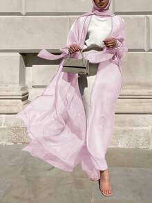 女士优雅薄纱长款宽松阿拉伯长袍和服开衫，蝙蝠袖，不含头巾，不含内衬，春季快速发货 - 淺粉色 - 查看 6