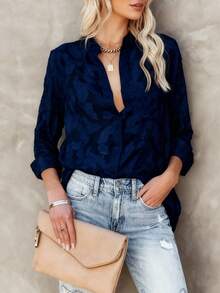 大码女士优雅长袖衬衫，翻领设计，修身剪裁，适合春秋穿着。轻盈的法式风格，是夏季防晒和度假的理想之选。女士商务休闲衬衫 - 寶藍色 - 查看 4