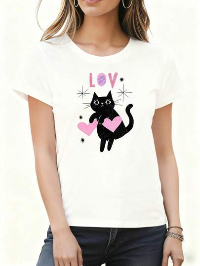 Women Casual T Shirt White Black Cat With Pink Heart And Love Text Print For Valentine Day And Everyday Wear Home Travel Festival Party