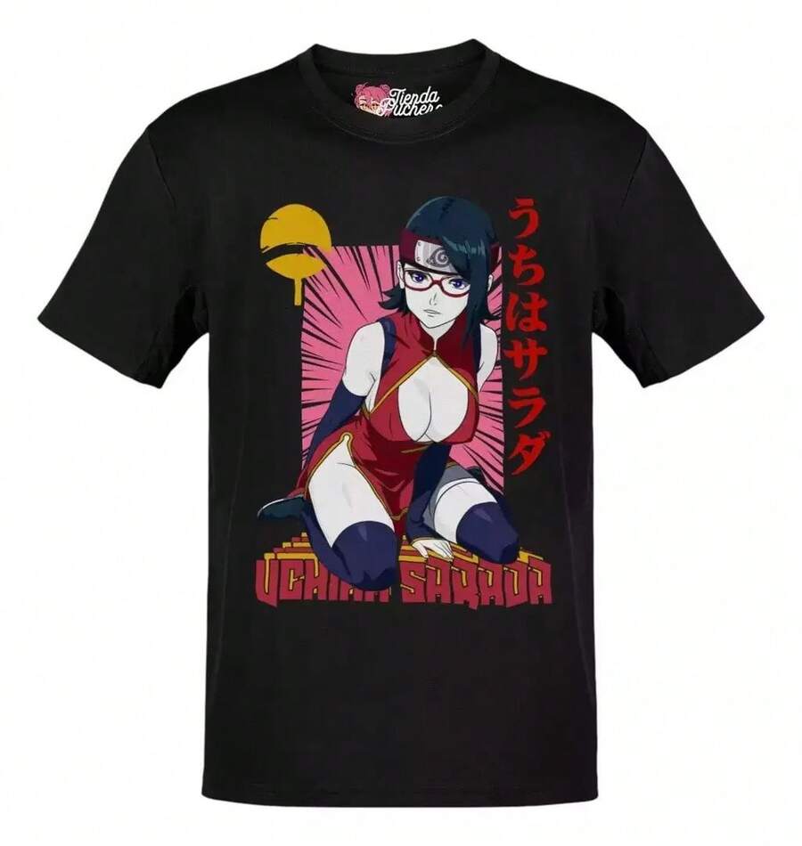 Anime Boruto Sarada Uchiha Waifu T-Shirt Material Red Letters - 黑色 - 查看 1