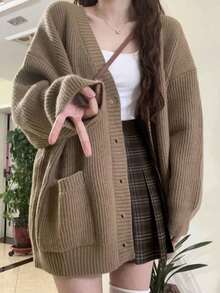 Women Solid Color Front Button V-Neck Double Pocket Long Sleeve Knit Cardigan