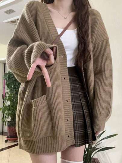 女士纯色前开襟纽扣V领双口袋长袖针织开衫休闲款
