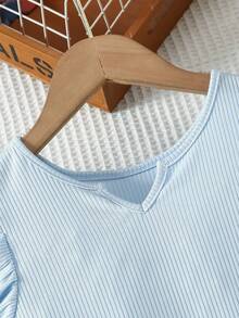 2pcs Girls Summer Fashion Ribbed Top & Printed Shorts Set, Suitable For Outdoor And Daily Wear - Baby Blue - View 3