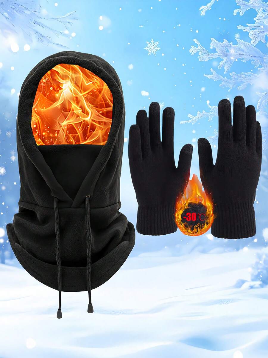 一套冬季保暖帽+手套组合，户外骑行钓鱼加厚保暖配件，纯色休闲针织抓绒围脖保暖配件 - 黑色 - 查看 1