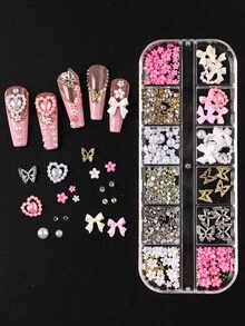 12 Rejillas Decoraciones de Arte de Uñas 3D Lindos Moños, Diseño de Mariposas, Flores y Amor con Perlas, Charms de Rhinestone para Decoración de Uñas, Suministros de Manicura DIY Estilo Japonés