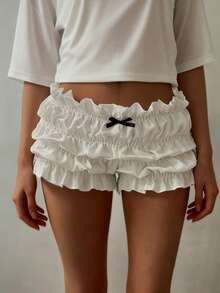 春夏时尚百搭街头摄影纯色蝴蝶结荷叶边女式短裤