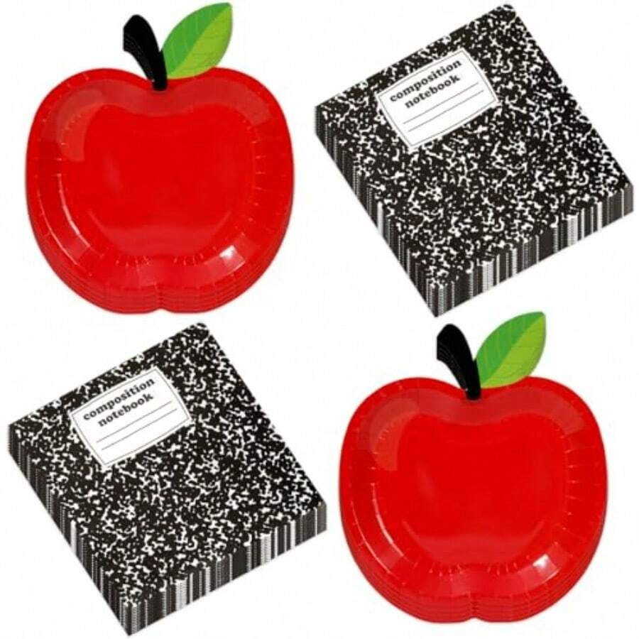D48 Pcs Back To School Tableware Set First Day Of School Party Plies Red Apple Paper Plates Composition Notebook Napkins Classroom Decoration For Kindergarten Preschool Teacher Party Serve 24 - 如圖 - 查看 1