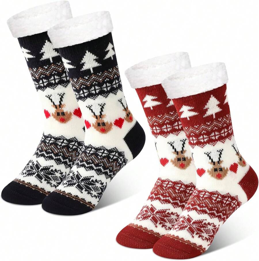 ¡Recomendado2 Pares Calcetines Termicos Navideños de Reno,Calcetines Navideños para Mujer y Hombre alidez Invernal y Gruesa Calcetines Navideños,Suave y Transpirable Termicos Afelpados Calidos, Antideslizante¡Top de Temporada - B - Ver 1