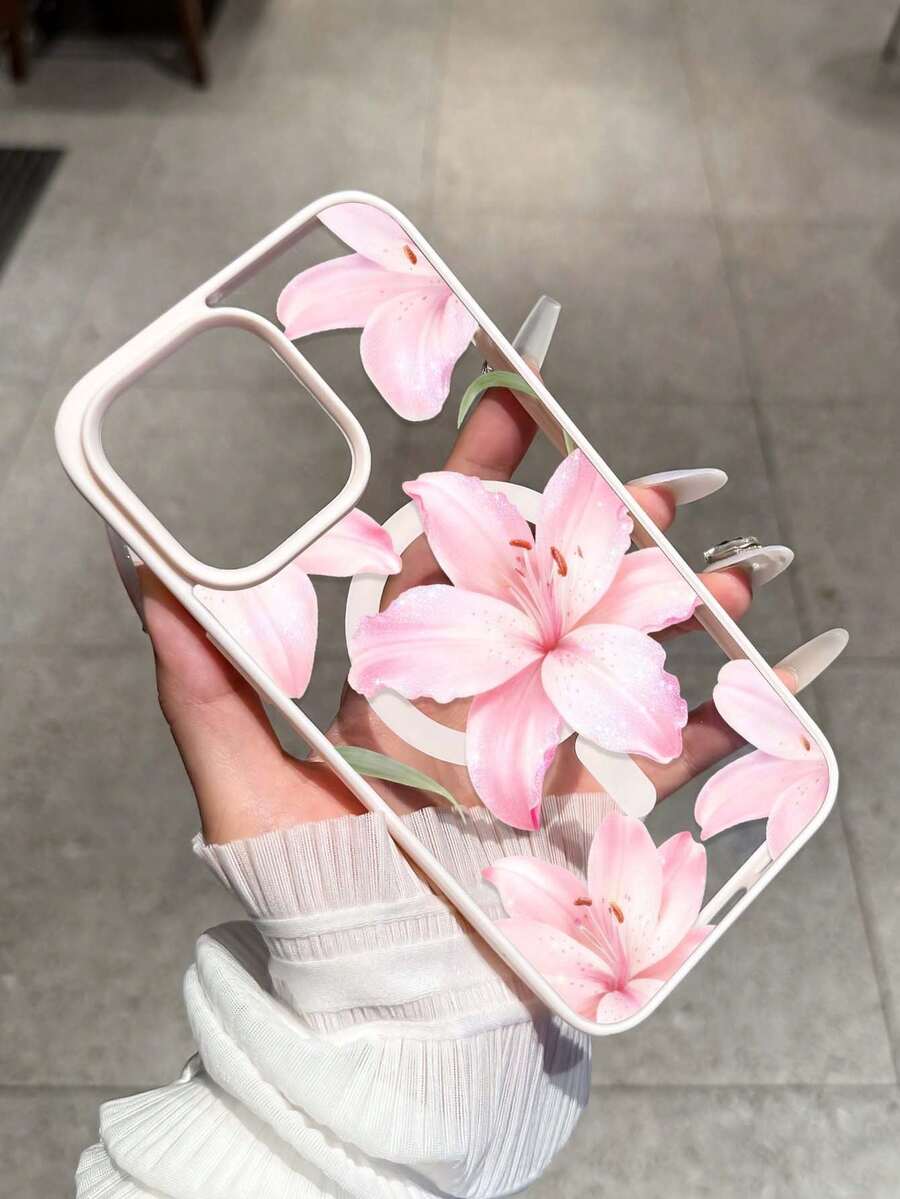 亮粉色百合花图案磁吸指环手机壳，兼容三星A15/35/54/55及S系列、苹果17、16 Pro Max、14/13、12、11 Pro Max、XS Max、X、XR、8、7、Plus、Mini等机型，适合作为生日礼物、送给女友、男友或自用。 - 彩色 - 查看 1