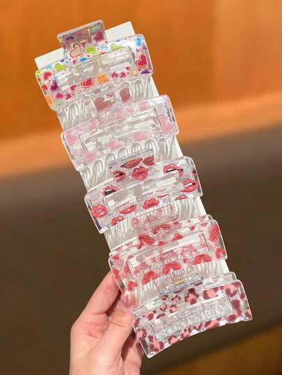1/2/3/5件套女士粉色时尚可爱发夹，情人节发饰，心形和嘴唇形状，中号方形透明发爪，适合日常和派对佩戴，情人节快乐，女士发饰，推荐礼物，情人节时尚发夹