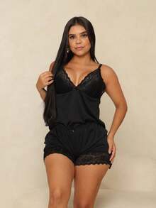 Pijama Plus Size Baby Doll Shorts Doll Sensual Feminino Renda - Preto - Visão 3