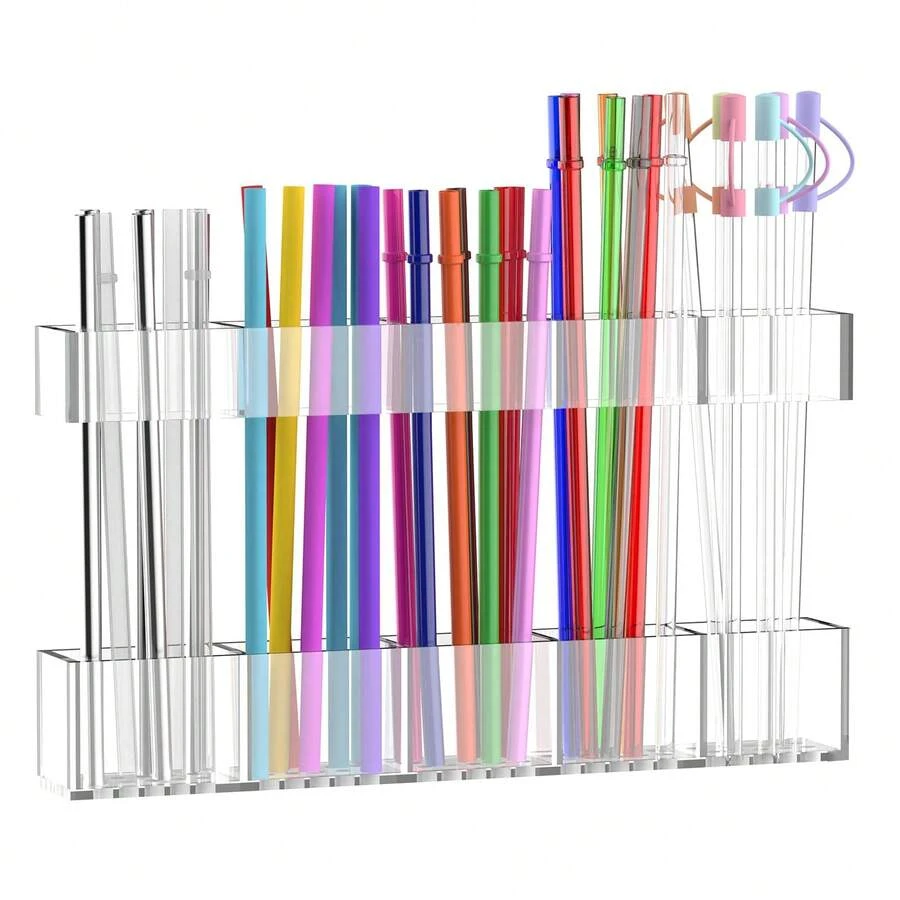 Straw Holder For Cabinet Door, 9.8" Adjustable Two-Part Large Acrylic Straws Organizer With Ultra Sticky Adhesive Strips, 2025 Reusable Utensil Storage For Kitchen Cupboard(Transparent) - 透明的 - 查看 1