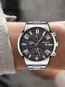 2 piezas Conjunto de reloj de lujo de negocios para hombres, reloj de cuarzo de acero inoxidable con función múltiple y esfera negra, con cartera de cuero negro con relieve. El reloj presenta un diseño de esfera bellamente diseñado y una correa de acero de alta calidad, mientras que la cartera muestra una artesanía de relieve exquisita. - Plateado - Ver 7