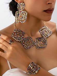 5件套复古夸张优雅印花镂空几何螺旋图案女士时尚项链、耳环、戒指、手链首饰套装，适合派对、宴会和日常佩戴 - 彩色 - 查看 1