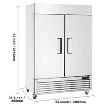 Refrigerador comercial 44.21 pies cúbicos, alcance en 54.4" W refrigerador vertical 2 puertas, refrigerador de acero inoxidable con descongelación automática con 8 estantes, control de temperatura de 33 a 41 ℉, luz LED, 4 ruedas - Plateado - Ver 10