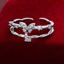 1pc Letter Design Cubic Zirconia Inlaid Adjustable Open Ring For Women - Multicolor - View 5