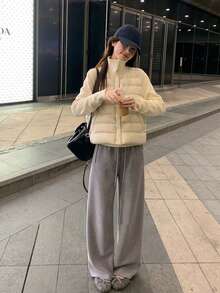 韩式针织拼接立领纽扣绗缝外套，秋冬季保暖 - 杏色 - 查看 4