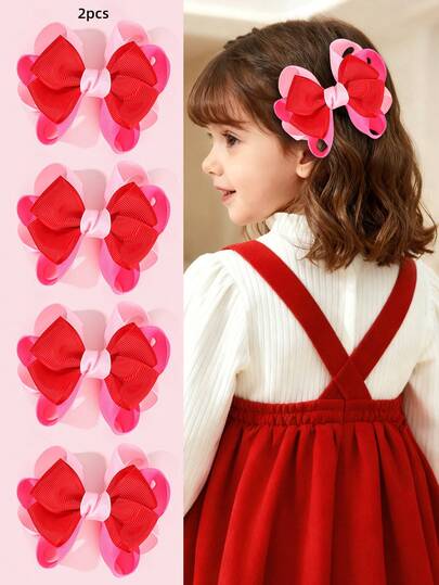 2个情人节女孩发夹，罗缎蝴蝶结发卡，红色粉色蝴蝶结发夹，鳄鱼夹，休闲优雅情人节发卡，青少年发饰