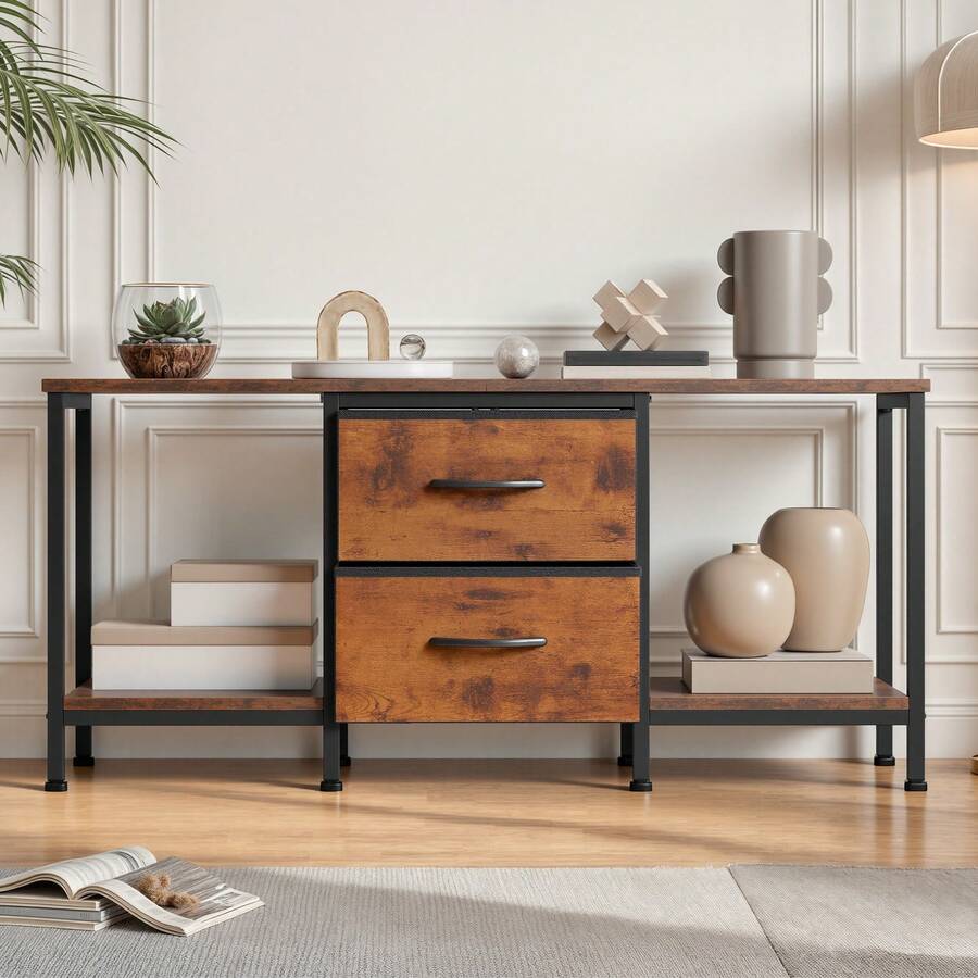 TV Cabinet For Up To 47 Inches - 110x30x50cm, 2 Fabric Drawers & 2 Open Shelves, Steel Frame, Living Room Furniture - 棕色 - 查看 1