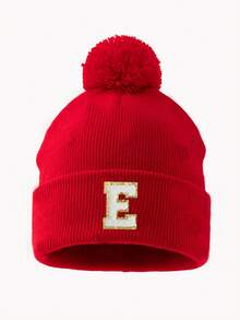 1pc Women's Fashion A-Z Letter Fuzzy Pom Pom Knit Beanie Hat, Suitable For Autumn/Winter Daily Warmth And Outfits - Red - View 28