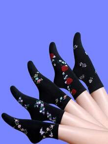5pairs Women's Floral Patterned Fashionable Casual Mid-Calf Socks Suitable For Daily Wear - Multicolor - View 5
