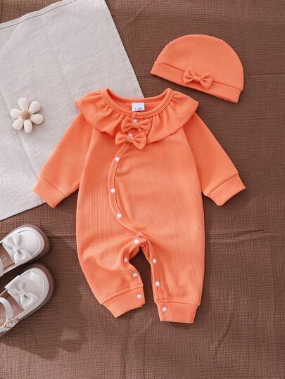 Baby Girl Soft & Breathable Jumpsuit, Pink, Round Neck, Long Sleeve, Ruffle Trim, Dual Bow Decor, Single-Breasted Design, All Season