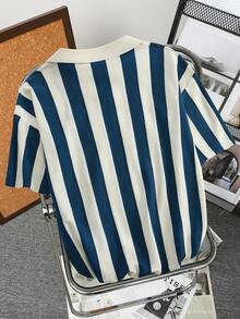Men's Old Money Style Striped Contrast Knitted Top/Khaki Clothing - Royal Blue - View 3