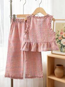 Tween Girl Plaid Frill Trim Single-Breasted Sleeveless Top And Wide Leg Pants Fashion Casual Outfit - Pink - View 2