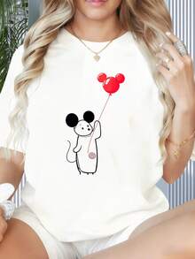 Mickey Mouse Holding Red Balloon Cartoon T-Shirt Women Casual Summer Top White Crewneck Shirt With Mickey Design For Girls And LadiesWomen's T-Shirt With Round Neck And Short Sleeves, Disney Theme Fun Printing, Suitable For Christmas Partysports Activitiesholiday PartiesoutingsNew Year Gift Sports And Other Holiday Gifts (220g). - 白色 - 查看 4