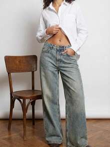 High-Waisted Rigid Denim Wideleg Fit Jeans - Authentic Dirty Blue Wash 100% Coton, Made In Türkiye - Blue - View 7