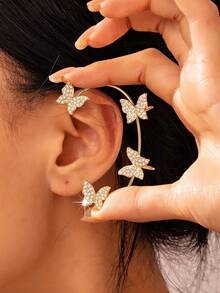 1件装气质全钻蝴蝶耳钩一体式高端质感无耳洞耳骨夹耳环，轻盈奢华，女士适用 - 金色(左耳) - 查看 2