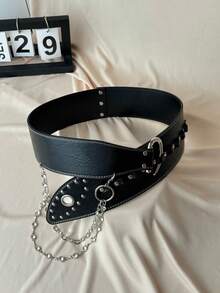 1pc Rhinestone Chain Combination Wide Waist Belt, Original Curved Hook BB Flashy Y2K Fashion PU Leather Wide Belt, Suitable For Music Festivals, Halloween, Christmas And All Holidays As Well As Daily Use - Multicolor - View 13