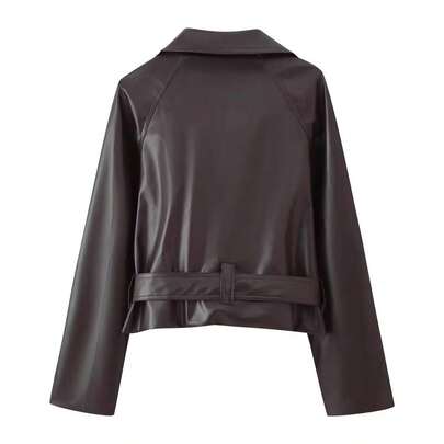 Women's Retro Lapel Long Sleeve Minimalist PU Leather Loose Jacket, Women's Fashion New Distressed Leather Jacket, Autumn Solid Color Zipper Long Sleeve Vintage PU Jacket