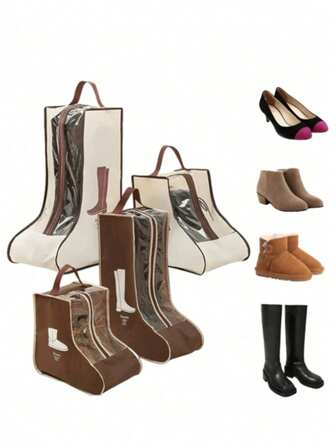 靴子收纳袋，长靴短靴收纳鞋袋，新款时尚透明鞋靴防尘罩，女士高筒靴和踝靴专用靴袋，旅行居家无纺布靴袋，带拉链提手靴套，加厚防水便携手提靴子收纳袋，防护性强，透气性好，节省空间——是旅行、衣橱整理和鞋子保护的理想之选，适用于平底鞋、踝靴和高筒靴。