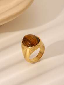 1 chiếc nhẫn hình bầu dục bằng thép không gỉ 18K phong cách tối giản cổ điển dành cho nữ khảm đá mắt hổ tự nhiên hoặc đá Obsidian đen, món quà trang sức thanh lịch thích hợp để đeo hàng ngày, lễ hội, đám cưới, tiệc tùng - hình bầu dục cổ điển - Xem 13