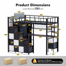 Advwin Twin/Full Size Loft Bed With Desk, Stairs, Closet & 12 Fabric Drawers, Metal Gaming Loft Bed With Guardrail, Space-Saving Bed For Bedroom, Dorm (Black+Rustic Brown) - 黑色 - 查看 8