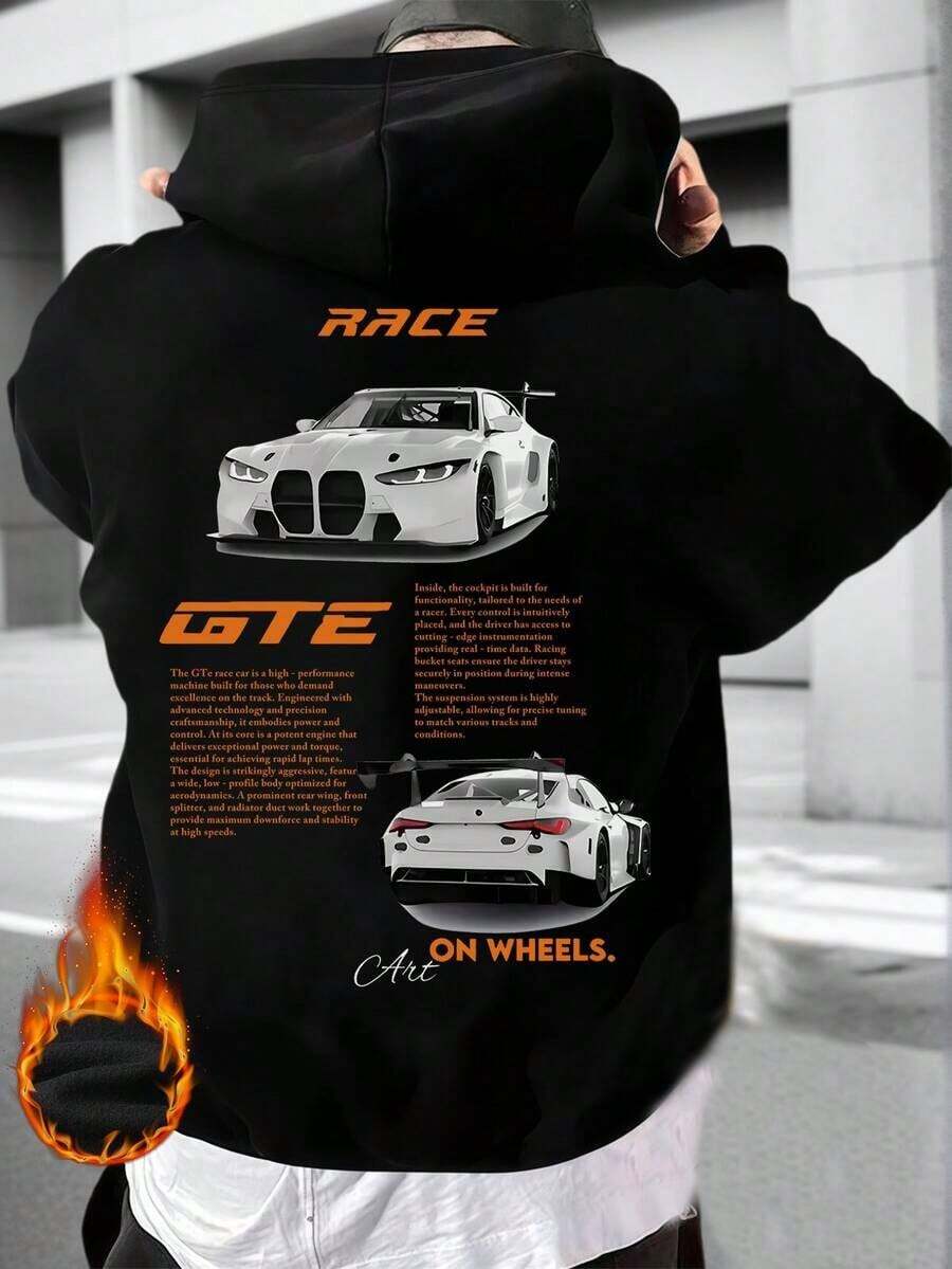 Racing Enthusiast Essential! Men's Casual Racing Culture Element Printed Hoodie, Autumn/Winter Long - Black - View 1