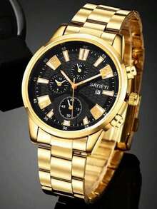 2pcs Men's Stylish Black Textured Watch Set, Includes 1 Multifunctional Quartz Watch And 1 Black Textured Wallet. Featuring Black Metal Strap And Embossed Stitched Leather Design, Sophisticated And Fashionable, Showcasing Masculine Charm. - Black - View 6