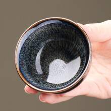 手描きのゴールデン功夫茶ボウル - プレミアムジュン磁器、エレガントな青と白のデザイン、茶道のための完璧なもの、茶道の必需品 | エレガントな茶ボウル | 耐久性のあるセラミック - 茶色と黄金色の蘭 - チェックする 2