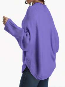 Plus Size Casual Solid Color Batwing Sleeve Pullover Sweater, Autumn/Winter - Purple - View 2