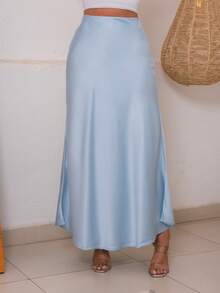 Women's Long Satin Skirt With Zipper - 淺藍色 - 查看 3