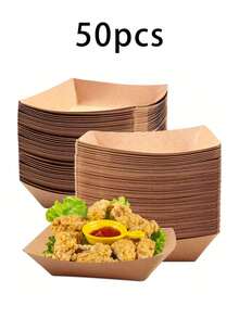 30/50 件一次性牛皮纸食品托盘，防油食品纸托盘牛皮纸船盒，家庭野餐便携式食品纸托盘，适用于炸薯条、玉米片零食、热狗、塔可烧烤、爆米花派对、野餐、婚礼派对、多用途烘焙工具、厨房必需品、厨房配件（棕色） - 棕色 - 查看 12